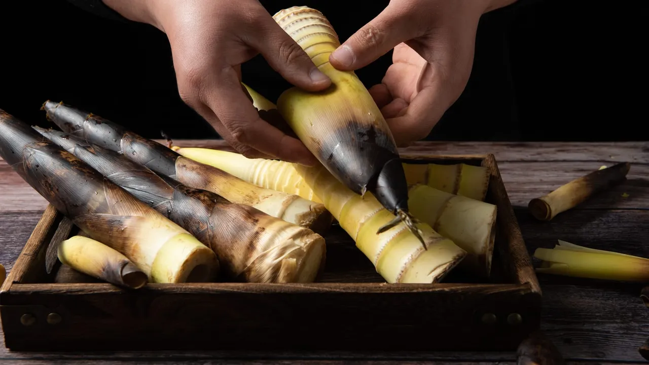 Mãos preparando brotos de bambu frescos em uma caixa de madeira