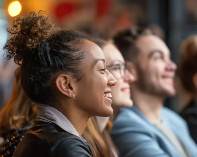 Pessoas sorridentes, lado a lado, acompanhando um encontro