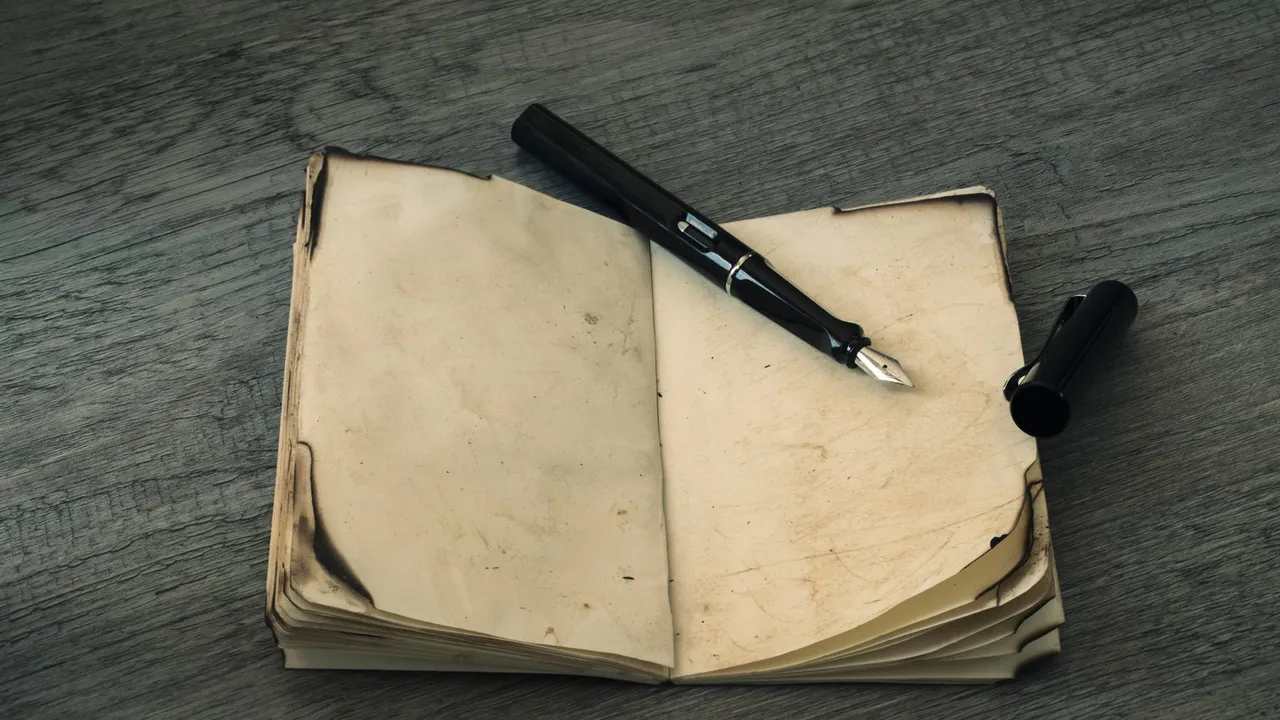 Caderno antigo aberto com uma caneta-tinteiro sobre as páginas