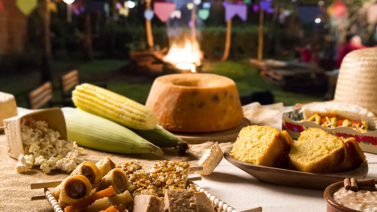Mesa de festa junina com bolo de milho, milho cozido e comidas típicas ao fundo de uma fogueira