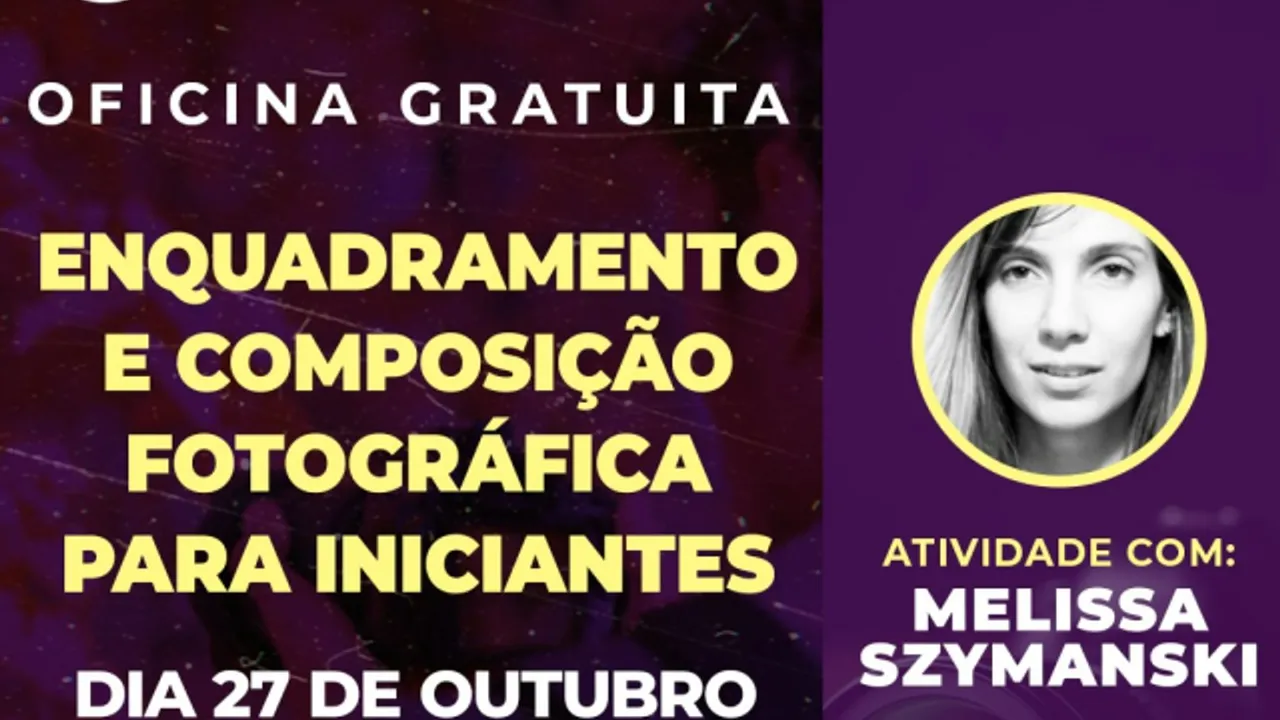 Arte roxa da oficina de enquadramento e composição fotográfica, com texto amarelo e retrato da responsável pela atividade